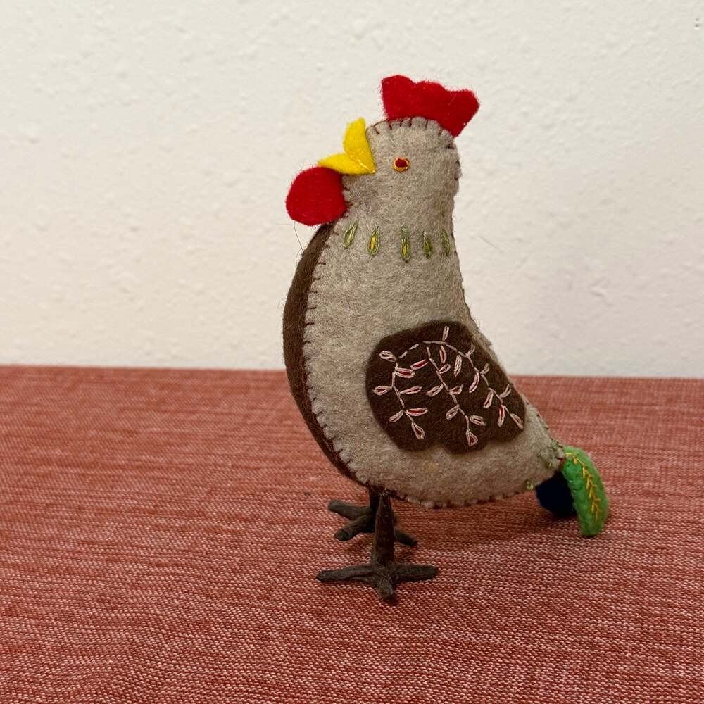 Vintage Handmade Felt Rooster Figurine Embroidered Folk Art Chicken 6"